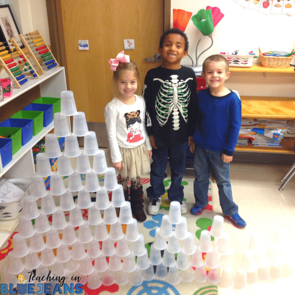cup stacking building activity for the 100th day of school