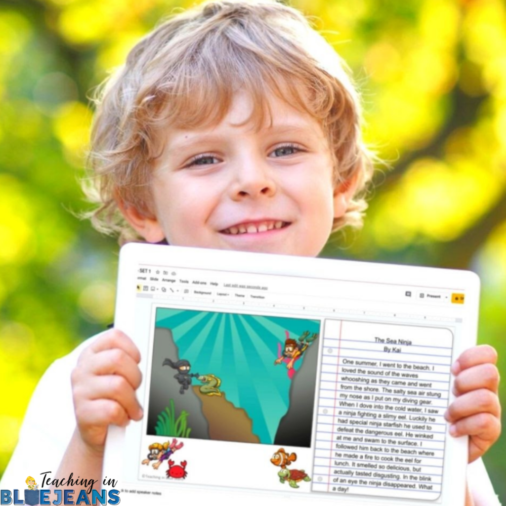 boy holding tablet with his completed writing using Build a Scene digital writing prompts